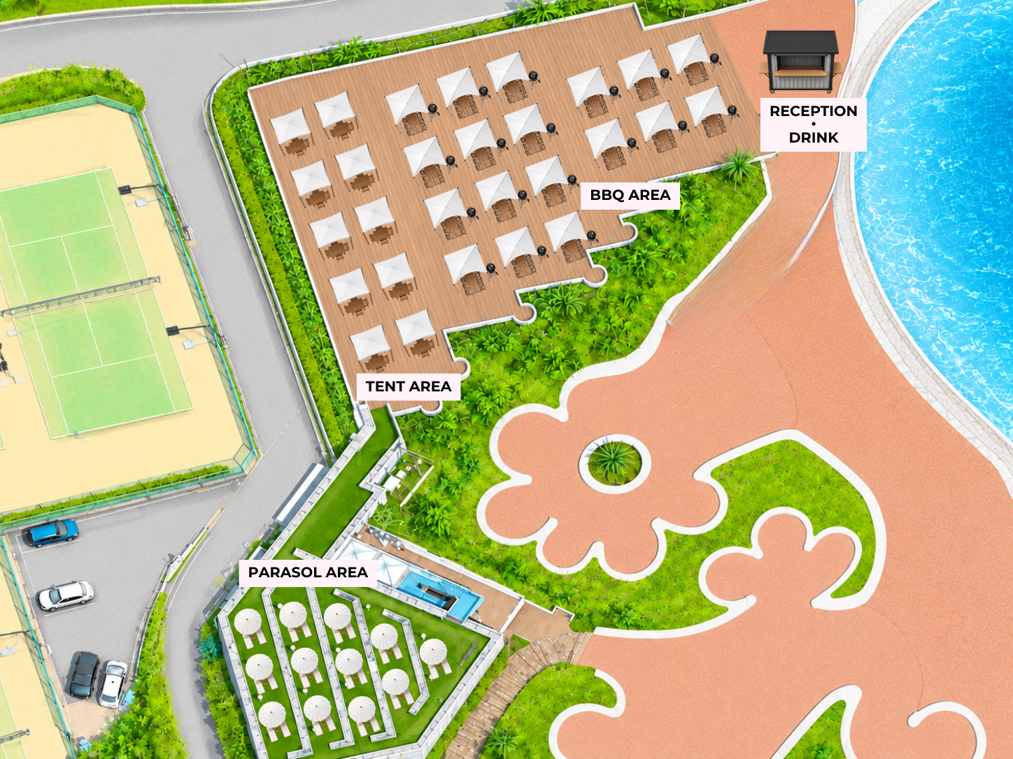 OISO BEACH SIDE BBQのエリアマップ。BBQ AREA、TENT AREA、PARASOL AREA、RECEPTION・DRINKの位置を示しています。