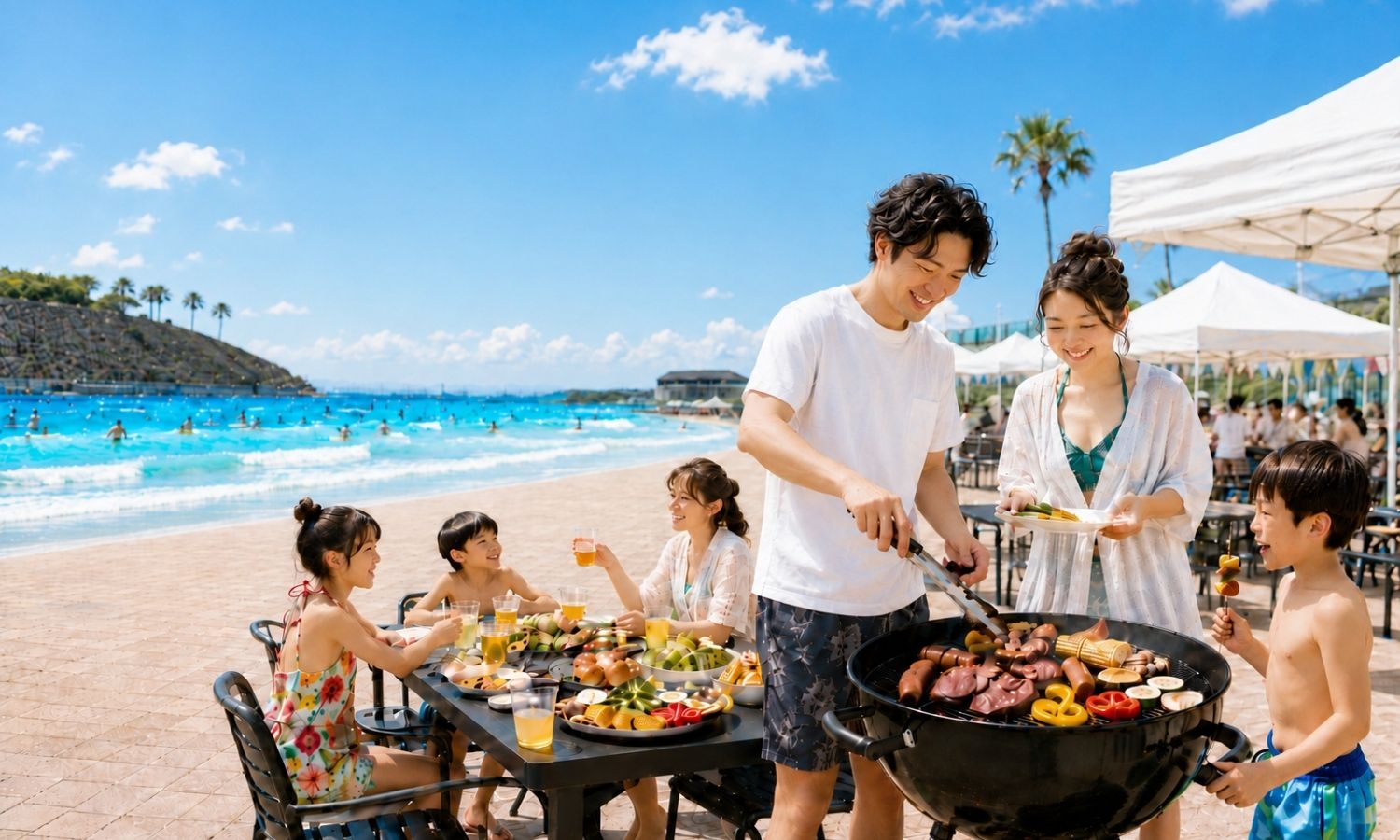 テントの下で家族がBBQを楽しむ様子