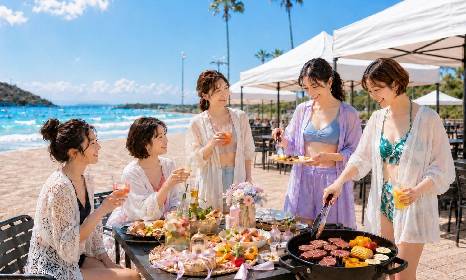 テントとテーブル席のBBQエリア